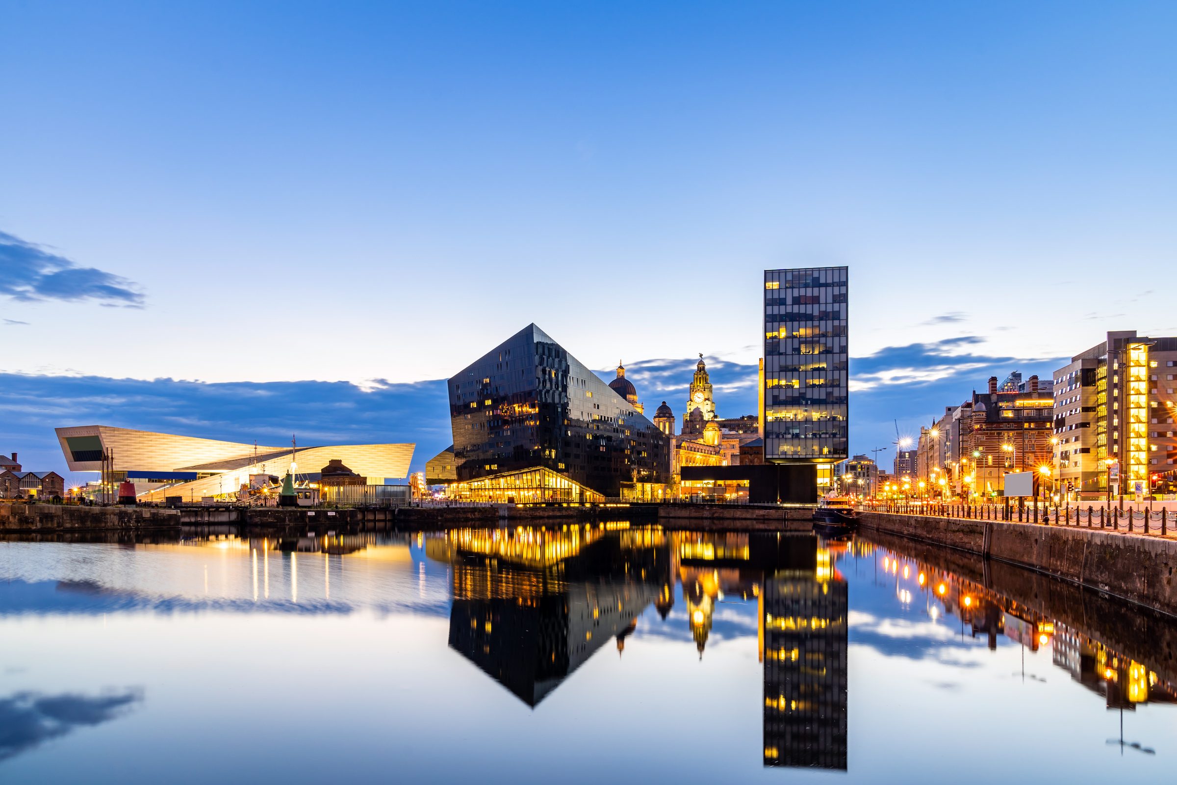 Liverpool waterfront and Mann Island buildings at dusk